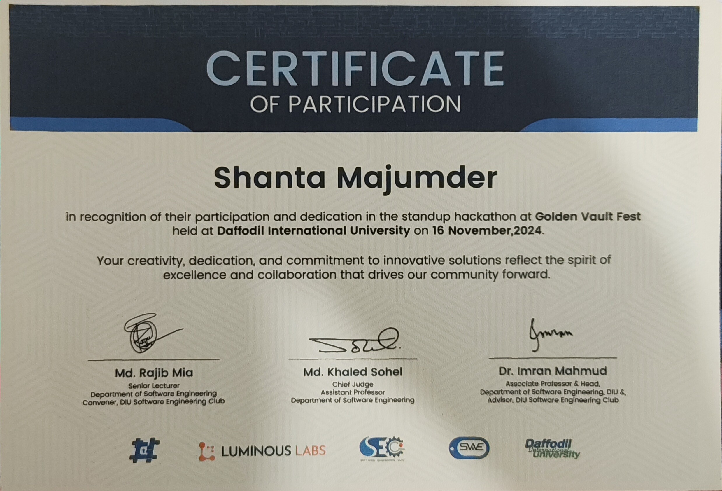 Certificate of participation from the GoldenVault standup hackathon.